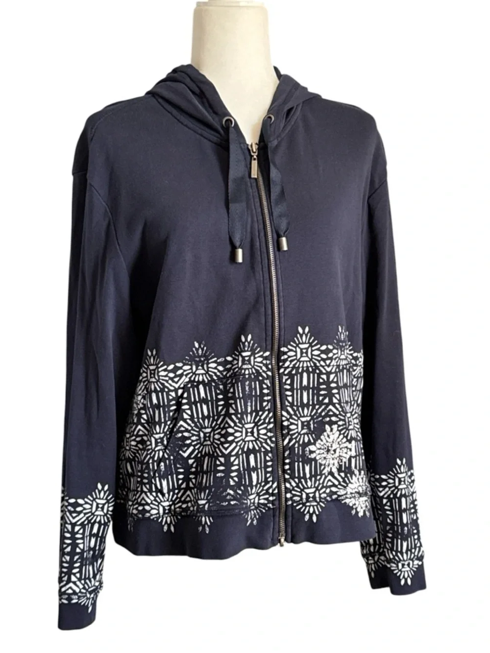 Chico’s Zenergy Navy Zip-Front Hoodie with White Pattern - Picture 1 of 11